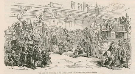 De grote cab-staking: De stormloop op omnibussen, bij het South-Eastern Railway Terminus, London Bridge