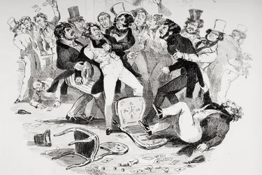 De laatste ruzie tussen Sir Mulberry en zijn leerling, illustratie uit `Nicholas Nickleby