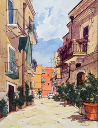 Oude Stad, Bari, Italië, ca. 2024 (aquarel en inkt op papier)