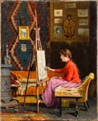 Meisje schilder in haar atelier