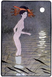 Jonge Japanner badend in een vijver in het maanlicht - in "Japanse pop" door Félicien Champsaur, ill. Hanafusa Itcho, Parijs
