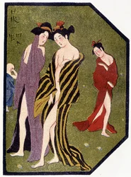 Jonge Japanse vrouwen die het bad verlaten - in „Japanse pop“ van Félicien Champsaur, illustraties van Hanabusa Itcho, Parijs