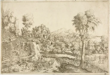 Landschap met een wijngaard, in het midden een wagen geladen met palen