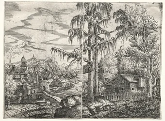 Landschap met de Stad aan een Rivier en Het Huisje tussen Bomen