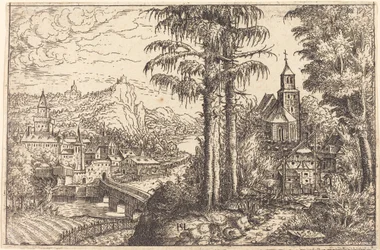 Uitzicht op een stad bij een rivier met een kerk aan de rechterkant