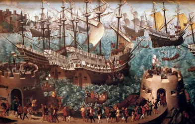 Inscheping van Hendrik VIII in Dover op de galjoen Henri Grace a Dieu ter gelegenheid van het verdrag met François I op 7/06/1520