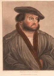 Zelfportret van de kunstenaar Hans Holbein in Kensington Palace.,1812 (gravure)