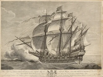 Deze Afdruk is de Exacte Weergave van dat Kapitaalschip de Grote Harry gebouwd in de Scheepswerf van Zijne Majesteit in Woolwich tijdens het Regeer van Koning Hendrik de 8e Anno 1514...