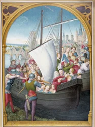 Landing van de maagden in Keulen en hun martelaarschap, naar schilderij van Sint-Ursula, Brugge, door Memling