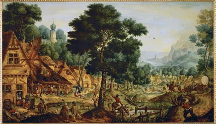 Het leven in een Vlaams dorp ... (schilderij op hout)
