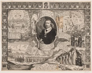 Gregers Krabbe van Torstedlund omringd door allegorische voorstellingen en wapenschilden