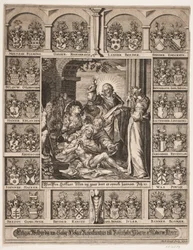 De opwekking van Lazarus. Omringd door de wapenschilden van Holger Rosenkrantz