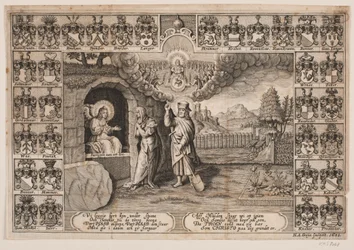 Titelblad voor lijkrede over Ida Langs met voorstelling van Christus als tuinman en Maria Magdalena