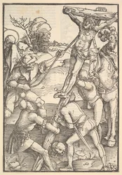 De kruisoprichting (verso: De kruisoprichting, uit Speculum Passionis Domini)