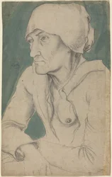 Halffiguur van een oude vrouw met een kap