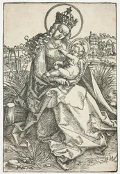 Madonna en kind op een grasbank