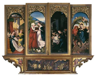 Scènes uit het leven van de Maagd: de Aankondiging, het Bezoek, de Geboorte en de Vlucht naar Egypte. Schilderij op hout door Hans Baldung genaamd Grien (1485-1544) Altaar van de Kathedraal van Onze-Lieve-Vrouw van Freiburg, Freiburg im Breisgau, Duitsland