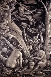 De heksensabbat, gravure van Hans Baldung Grien, Duits schilder, graveur en tekenaar (1484-1545)