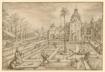 Onderhoud van een kasteeltuin in het vroege voorjaar, vermoedelijk uit een reeks maandvoorstellingen