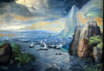 Fantastisch landschap met Johannes de Evangelist op Patmos