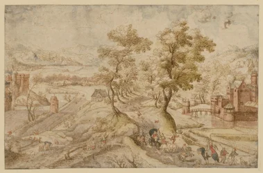 Heuvelachtig landschap met twee waterburchten
