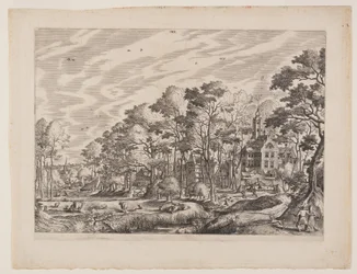 Gezicht op een dorp met een kasteel naar rechts, plaat 1 uit Landschappen met dorpsgezichten