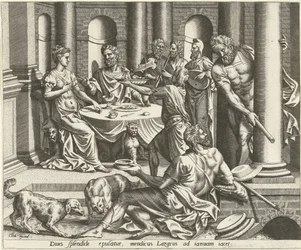 Lazarus bedelt voor het huis van de rijke man