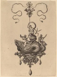 Ontwerp voor een hanger met zeemonster dat een vrouw op een schelp draagt, geflankeerd door een triton en een man met een roeispaan
