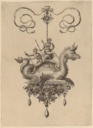 Ontwerp voor een hanger met een zeemonster dat Neptunus draagt op een urn geflankeerd door een riviergod met een roeispaan