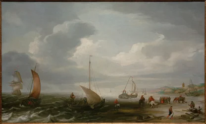 Het Strand van Egmond aan Zee met Vissers die hun Vangst Lossen