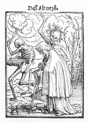 De dood en de oude vrouw, uit „De dodendans“, gegraveerd door Hans Lutzelburger, ca. 1538