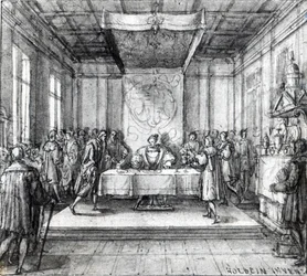 Hendrik VIII in zijn privévertrek (pen, inkt en was op papier)
