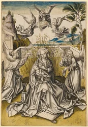 Madonna en engelen in een landschap