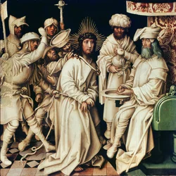 Pilatus wast zijn handen, linker paneel van een drieluik, 1496