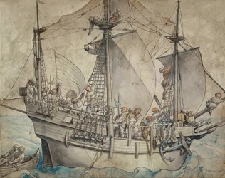 Schip met feestende zeelieden, lansquenets en een sutleress