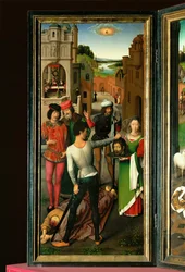 Altaarstuk van de heilige Johannes Baptist en de heilige Johannes Evangelist. Linkervleugel: onthoofding van Johannes Baptist (schilderij op eik)