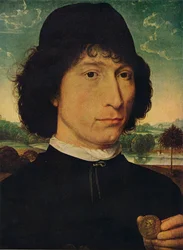 Portret van een man met een munt van Keizer Nero, 1474
