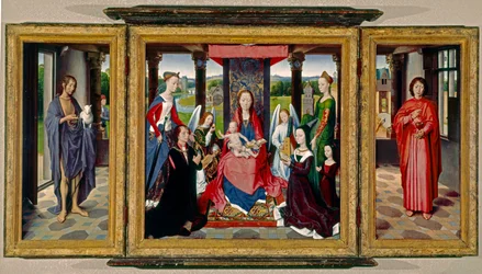 De maagd en het kind met heiligen en donoren, omstreeks 1478 (Olieverf op eikenhout)
