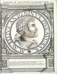 Heliogabalus, illustratie uit Imperatorum romanorum omnium orientalium et occidentalium verissimae imagines ex antiquis numismatis, houtsnede door Rudolph Wyssenbach, gedrukt door Andreas Gesner, Zürich