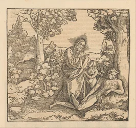 Christus zegent een jongeman terwijl een vrouw aan zijn voeten knielt