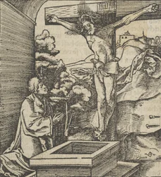 Een man die bidt voor een kruisbeeld, uit Hymmelwagen auff dem, wer wol lebt..., 1517