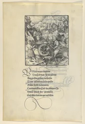 Unfalo brengt Theuerdanck in gevaar tijdens het afvuren van een kanon, uit Theuerdanck, 1517