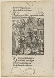 Aangespoord door Fürwittig, probeert Theuerdanck een polijststeen te manipuleren, uit Theuerdanck, 1517