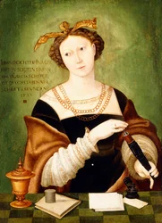 Portret van een Dame, halve lengte, met een doos met pennen voor een richel