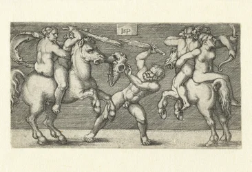 Gevecht tussen twee mannen met vrouwen te paard en een staande man
