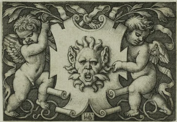 Ornament met een Masker Gehouden door Twee Genii
