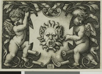 Ornament met een Masker Gehouden door Twee Genii