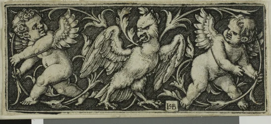 Ornament met een adelaar en twee genii, uit Vier Vignetten