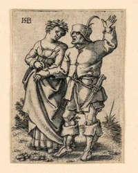 De Huwelijksstoet: Koppel loopt naar links, vrouw draagt een krans