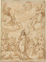 Allegorie op Minerva als hoofd van de muzen, in of voor 1575 (pen en inkt)